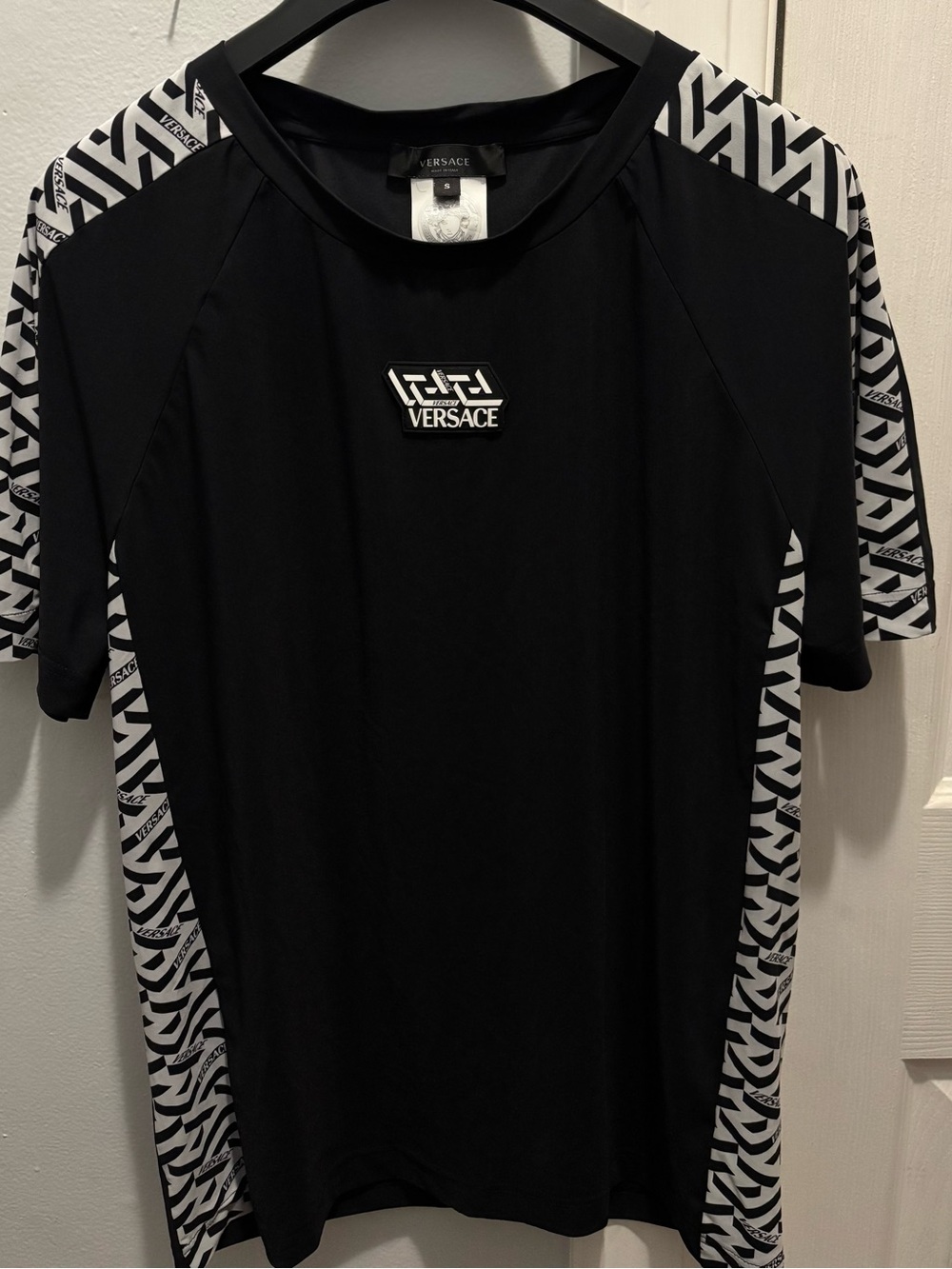 Versace Black Short Sleeve Logo Tee with White Geometric Panels